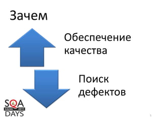 Зачем
Обеспечение
качества
Поиск
дефектов
5
 