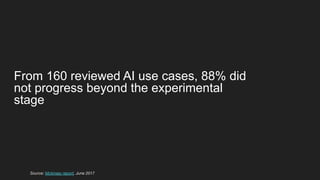 From 160 reviewed AI use cases, 88% did
not progress beyond the experimental
stage
Source: Mckinsey report, June 2017
 