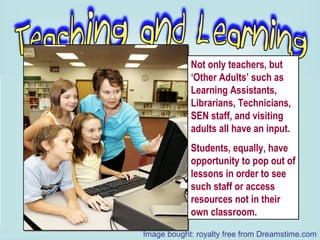 Not only teachers, but ‘Other Adults’ such as Learning Assistants, Librarians, Technicians, SEN staff, and visiting adults all have an input. Students, equally, have opportunity to pop out of lessons in order to see such staff or access resources not in their own classroom. Image bought: royalty free from Dreamstime.com 