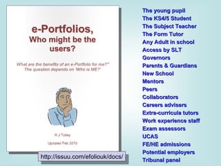 The young pupil The KS4/5 Student The Subject Teacher The Form Tutor Any Adult in school Access by SLT Governors Parents & Guardians New School Mentors Peers Collaborators Careers advisers Extra-curricula tutors Work experience staff Exam assessors UCAS FE/HE admissions Potential employers Tribunal panel http://issuu.com/efoliouk/docs/ 