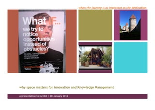 when the journey is as important as the destination
why space matters for innovation and Knowledge Management
a presentation to NetIKX | 28 January 2014
 
