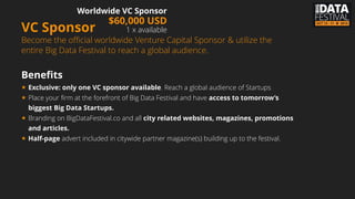 Startup Sponsor
Place your Startup in front of dozens of VCs, hundreds of
potential partners and thousands of potential clients.
Official Startup Sponsor
$5,000 USD
Multiple available
Beneﬁts
★ Exhibition position at the Big Data Festival in London.
★ Three full attendee passes the Big Data Festival in London.
★ Insertion of one item of educational or promotional material within each Big Data Festival
delegate bag in London.
★ Branding on BigDataFestival.co and all city related websites, magazines, promotions and
articles.
Tuesday, 8 July 14
 