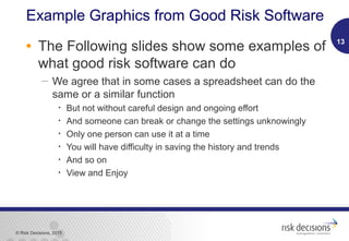 © Risk Decisions, 2015
• The Following slides show some examples of
what good risk software can do
 We agree that in some cases a spreadsheet can do the
same or a similar function
• But not without careful design and ongoing effort
• And someone can break or change the settings unknowingly
• Only one person can use it at a time
• You will have difficulty in saving the history and trends
• And so on
• View and Enjoy
13
Example Graphics from Good Risk Software
 