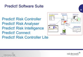 © Risk Decisions, 2015
Predict! Risk Controller
Predict! Risk Analyser
Predict! Risk Intelligence
Predict! Connect
Predict! Risk Controller Lite
32
Predict! Software Suite
 