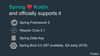 Spring Kotlin
and officially supports it
Spring Framework 5
Spring Boot 2.0 (M7 available, GA early 2018)
Reactor Core 3.1
Spring Data Kay
 