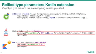 Reified type parameters Kotlin extension
inline fun <reified T: Any> RestOperations.exchange(url: String, method: HttpMethod,
requestEntity: HttpEntity<*>? = null) =
exchange(url, method, requestEntity, object : ParameterizedTypeReference<T>() {})
List<Article> list = restTemplate
.exchange("/api/article/", GET, null, new ParameterizedTypeReference<List<Article>>(){})
.getBody();
val list: List<Article> = restTemplate
.exchange("/api/article/", GET)
.getBody();
Goodbye type erasure, we are not going to miss you at all!
27
 