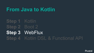 From Java to Kotlin
Step 1 Kotlin
Step 2 Boot 2
Step 3 WebFlux
Step 4 Kotlin DSL & Functional API
 