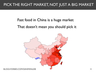 PICK THE RIGHT MARKET, NOT JUST A BIG MARKET


            Fast food in China is a huge market
            That doesn’t me...