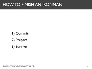 HOW TO FINISH AN IRONMAN




       1) Commit
       2) Prepare
       3) Survive




BLOGS.FORBES.COM/DAVEFEINLEIB   6
 