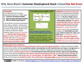Why	
  Steve	
  Blank’s	
  Customer	
  Development	
  Stack	
  is	
  Good	
  But	
  Not	
  Great	
  
STRUCTURE	
  

In	
  an	
  ideal	
  world,	
  the	
  Customer	
  
Development	
  Stack	
  has	
  3	
  “CAB”	
  layers:	
  
q  Customer	
  Development	
  Model	
  
q  Agile	
  (Product)	
  Development	
  Model	
  
q  Business	
  Model	
  (Logic	
  Diagram)	
  

	
  
	
  
	
  
	
  
	
  
	
  
In	
  Steve	
  Blank’s	
  Customer	
  Development	
   	
  
	
  
Stack,	
  ideas,	
  principles,	
  and	
  tools	
  exist	
  
for	
  formulaDng,	
  tesDng,	
  and	
  validaDng	
  a	
   	
  
Customer	
  Development	
  Model	
  as	
  well	
  
as	
  9	
  blocks	
  of	
  a	
  Business	
  Model.	
  
However,	
  there’s	
  a	
  paucity	
  of	
  materials	
  
on	
  the	
  Agile	
  (Product)	
  Development	
  
Model	
  as	
  well	
  as	
  “Trade-­‐oﬀ”	
  Problem	
  
Solving.	
  Also,	
  there	
  are	
  missing	
  links	
  
between	
  business	
  model	
  strategy,	
  
market	
  type,	
  and	
  product	
  analogs.	
  

CUSTOMER	
  DEVELOPMENT	
  STACK	
  

	
  

Source:	
  	
  
h.p://steveblank.com/2009/11/02/lean-­‐
startups-­‐aren%E2%80%99t-­‐cheap-­‐startups/	
  	
  
	
  

Customer	
  Development	
  Stack	
  is	
  a	
  good	
  	
  
Toolkit	
  to	
  systemaFcally	
  reduce	
  waste	
  
when	
  discovering	
  &	
  valida7ng	
  a	
  scalable	
  
business	
  model	
  and	
  habit	
  engine	
  but	
  …	
  	
  	
  

LINKAGES	
  (FUNCTIONAL	
  ANALYSIS)	
  

The	
  tool	
  for	
  organizing	
  and	
  managing	
  
ideas	
  in	
  the	
  Customer	
  Development	
  
Stack	
  is	
  the	
  Business	
  Model	
  Canvas.	
  
However,	
  the	
  Business	
  Model	
  Canvas	
  is	
  
a	
  staXc	
  graphic	
  organizer	
  that	
  ignores	
  
relaXonships/ﬂows	
  between	
  blocks	
  of	
  
a	
  business	
  model	
  (as	
  well	
  as	
  in	
  their	
  
environment).	
  The	
  Business	
  Model	
  
Canvas	
  is	
  not	
  a	
  process	
  (funcDonal	
  
analysis)	
  diagram	
  that	
  shows	
  dynamic	
  
concepts,	
  e.g.,	
  Build-­‐Measure-­‐Learn	
  
Loop,	
  Problem-­‐SoluXon	
  Fit,	
  AIDA,	
  and	
  
Habit	
  Loop.	
  So,	
  techniques	
  such	
  as	
  
Premortem,	
  NormaXve	
  Hypothesis	
  
GeneraXon,	
  and	
  Habit	
  Engine	
  Analysis	
  
&	
  Design	
  cannot	
  be	
  simply	
  shown	
  and	
  
visually	
  used	
  with	
  the	
  Stack	
  (Canvas).	
  

LOGIC	
  (PREDICTIVE	
  CAPABILITY)	
  

The	
  predicXve	
  process	
  in	
  the	
  Customer	
  Development	
  Stack	
  is	
  currently	
  largely	
  qualitaXve.	
  In	
  theory,	
  the	
  Business	
  Model	
  
Canvas	
  can	
  be	
  used	
  to	
  facilitate	
  quanXtaXve	
  analysis	
  and	
  predicXon	
  as	
  well	
  as	
  performance	
  and	
  resource	
  management	
  of	
  a	
  
business	
  model.	
  However,	
  in	
  the	
  Stack,	
  use	
  of	
  the	
  Canvas	
  is	
  limited	
  to	
  visually	
  documenDng	
  and	
  modifying	
  hypotheses.	
  
Also,	
  the	
  Stack	
  is	
  weakly	
  integrated	
  with	
  the	
  Vision-­‐Strategy-­‐Product	
  (VSP)	
  Pyramid	
  of	
  Steve	
  Jobs/Lean	
  Startup	
  Method.	
  
Further,	
  the	
  Customer	
  Development	
  Stack	
  ignores	
  Outcome-­‐based	
  approaches	
  such	
  as	
  in	
  Discovery-­‐driven	
  Planning.	
  The	
  
Customer	
  Development	
  Stack	
  hardly	
  uses,	
  as	
  a	
  starXng	
  point,	
  an	
  organizaXon’s	
  “Why”:	
  Mission/Vision/Purpose/Proﬁt.	
  
Finally,	
  the	
  Stack	
  does	
  not	
  explicitly	
  consider	
  the	
  transformaXon	
  of	
  customer	
  habits	
  as	
  a	
  goal	
  of	
  Customer	
  Development.	
  
	
  
#4ROD.	
  Dr.	
  Rod	
  King.	
  rodkuhnhking@gmail.com	
  &	
  h8p://businessmodels.ning.com	
  &	
  h8p://twi8er.com/RodKuhnKing	
  

 