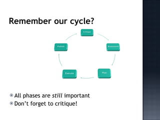 <ul><li>All phases are  still  important </li></ul><ul><li>Don’t forget to critique! </li></ul>Remember our cycle? 