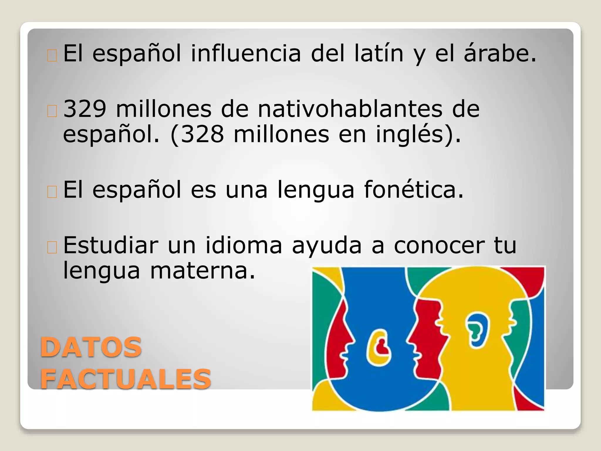 DATOS
FACTUALES
El español influencia del latín y el árabe.
329 millones de nativohablantes de
español. (328 millones en inglés).
El español es una lengua fonética.
Estudiar un idioma ayuda a conocer tu
lengua materna.