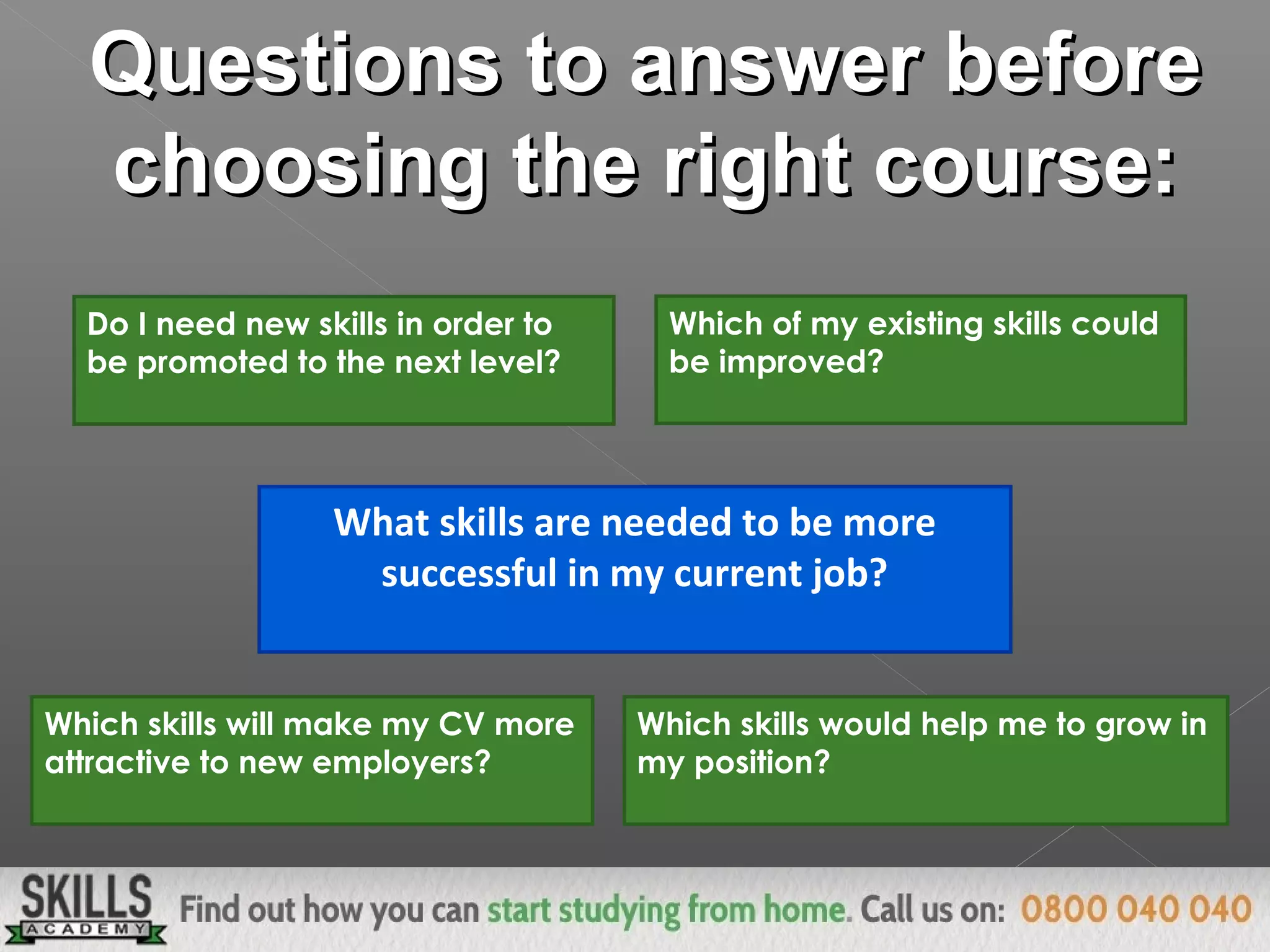 Questions to answer beforeQuestions to answer before
choosing the right course:choosing the right course:
What skills are needed to be more
successful in my current job?
Which of my existing skills could
be improved?
Do I need new skills in order to
be promoted to the next level?
Which skills would help me to grow in
my position?
Which skills will make my CV more
attractive to new employers?
 