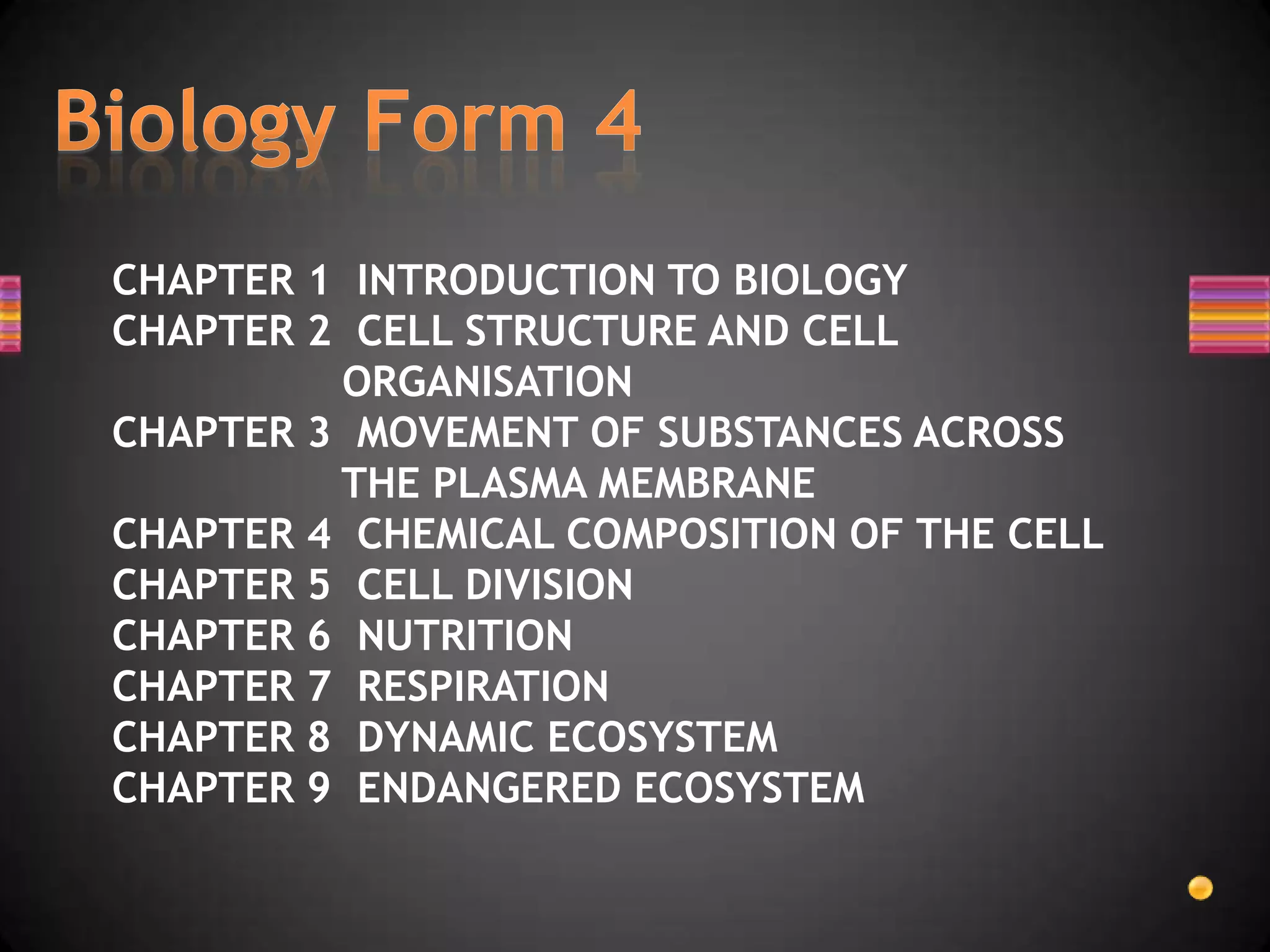 CHAPTER 1 INTRODUCTION TO BIOLOGY
CHAPTER 2 CELL STRUCTURE AND CELL
         ORGANISATION
CHAPTER 3 MOVEMENT OF SUBSTANCES ACROSS
         THE PLASMA MEMBRANE
CHAPTER 4 CHEMICAL COMPOSITION OF THE CELL
CHAPTER 5 CELL DIVISION
CHAPTER 6 NUTRITION
CHAPTER 7 RESPIRATION
CHAPTER 8 DYNAMIC ECOSYSTEM
CHAPTER 9 ENDANGERED ECOSYSTEM
 