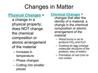 Changes in Matter
Physical Changes =
a change in a
physical property;
does NOT change
the chemical
composition or
atomic arrangement
of the material
– Increase in
temperature
– Phase changes
– Cutting into smaller
pieces
Chemical Changes =
changes that alter the
identity of a material, a
change in the chemical
composition or atomic
arrangement of the
material
– Wood burns in air to
produce CO2 and H2O
– Cooking an egg (change
molecular structure of the
proteins, loss of water)
– Formation of rust (iron to
iron oxide)
 