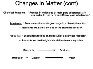 Changes in Matter (cont)
Reactants Products
Chemical Reactions: “ Process in which one or more pure substances are
converted to one or more different pure substances “
Reactants: “ Substances that undergo change in a chemical reaction “
Products: “ Substances formed as the result of a chemical reaction “
Hydrogen + Oxygen Water
 Reactants are on the left side of the chemical equation
 Products are on the right side of the chemical equation
 