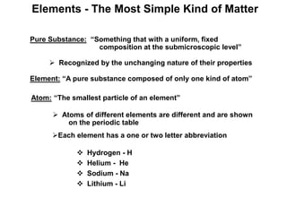 Elements - The Most Simple Kind of Matter
Pure Substance: “Something that with a uniform, fixed
composition at the submicroscopic level”
 Recognized by the unchanging nature of their properties
Element: “A pure substance composed of only one kind of atom”
Atom: “The smallest particle of an element”
 Atoms of different elements are different and are shown
on the periodic table
Each element has a one or two letter abbreviation
 Hydrogen - H
 Helium - He
 Sodium - Na
 Lithium - Li
 