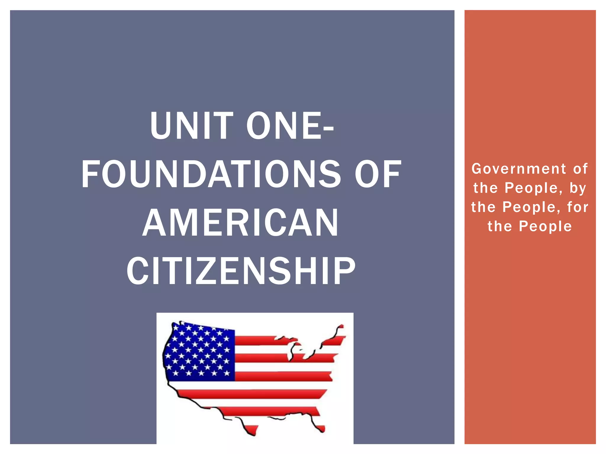 Government of
the People, by
the People, for
the People
UNIT ONE-
FOUNDATIONS OF
AMERICAN
CITIZENSHIP
 
