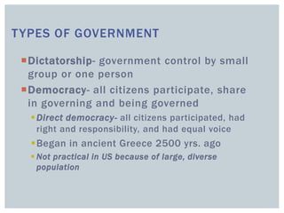 TYPES OF GOVERNMENT
Dictatorship- government control by small
group or one person
Democracy- all citizens participate, share
in governing and being governed
Direct democracy- all citizens participated, had
right and responsibility, and had equal voice
Began in ancient Greece 2500 yrs. ago
 Not practical in US because of large, diverse
population
 