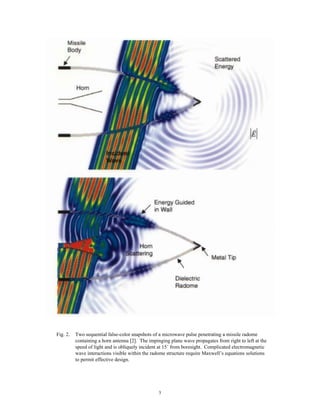 3
Fig. 2. Two sequential false-color snapshots of a microwave pulse penetrating a missile radome
containing a horn antenna [2]. The impinging plane wave propagates from right to left at the
speed of light and is obliquely incident at 15˚ from boresight. Complicated electromagnetic
wave interactions visible within the radome structure require Maxwell’s equations solutions
to permit effective design.
 