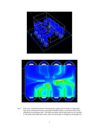 5
Fig. 3. False-color visualization (bottom) illustrating the coupling and crosstalk of a high-speed
logic pulse entering and leaving a microchip embedded within a conventional dual in-line
integrated-circuit package (top). The fields associated with the logic pulse are not confined
to the metal circuit paths and, in fact, smear out and couple to all adjacent circuit paths [3].
 