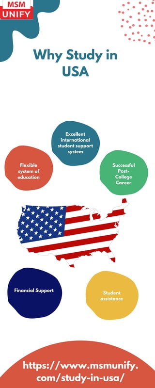 Why Study in
USA
Flexible
system of
education
Successful
Post-
College
Career
Excellent
international
student support
system
Student
assistance
https://www.msmunify.
com/study-in-usa/
Financial Support
 
