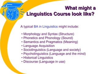What might aWhat might a
Linguistics Course look like?Linguistics Course look like?
• Morphology and Syntax (Structure)
• Phonetics and Phonology (Sound)
• Semantics and Pragmatics (Meaning)
• Language Acquisition
• Sociolinguistics (Language and society)
• Psycholinguistics (Language and the mind)
• Historical Linguistics
• Discourse (Language in use)
A typical BA in Linguistics might include:
 