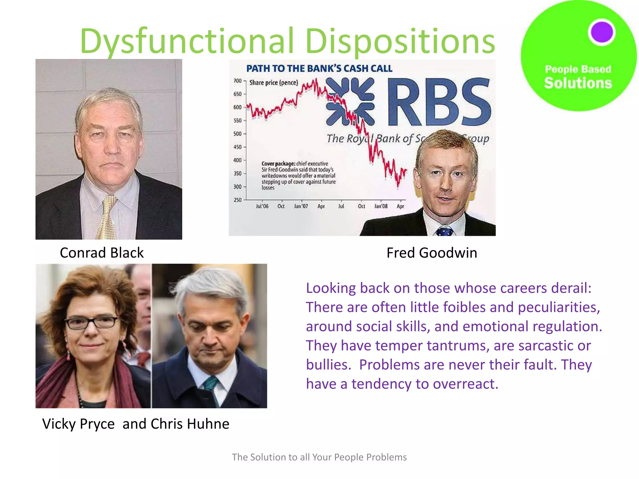 Dysfunctional Dispositions
The Solution to all Your People Problems
Looking back on those whose careers derail:
There are often little foibles and peculiarities,
around social skills, and emotional regulation.
They have temper tantrums, are sarcastic or
bullies. Problems are never their fault. They
have a tendency to overreact.
Conrad Black Fred Goodwin
Vicky Pryce and Chris Huhne
 