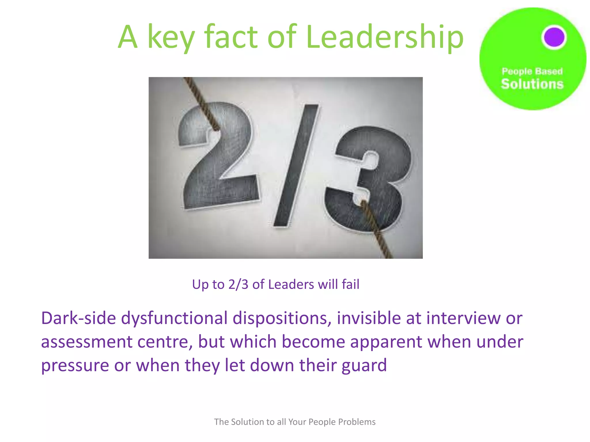 A key fact of Leadership
The Solution to all Your People Problems
Up to 2/3 of Leaders will fail
Dark-side dysfunctional dispositions, invisible at interview or
assessment centre, but which become apparent when under
pressure or when they let down their guard
 