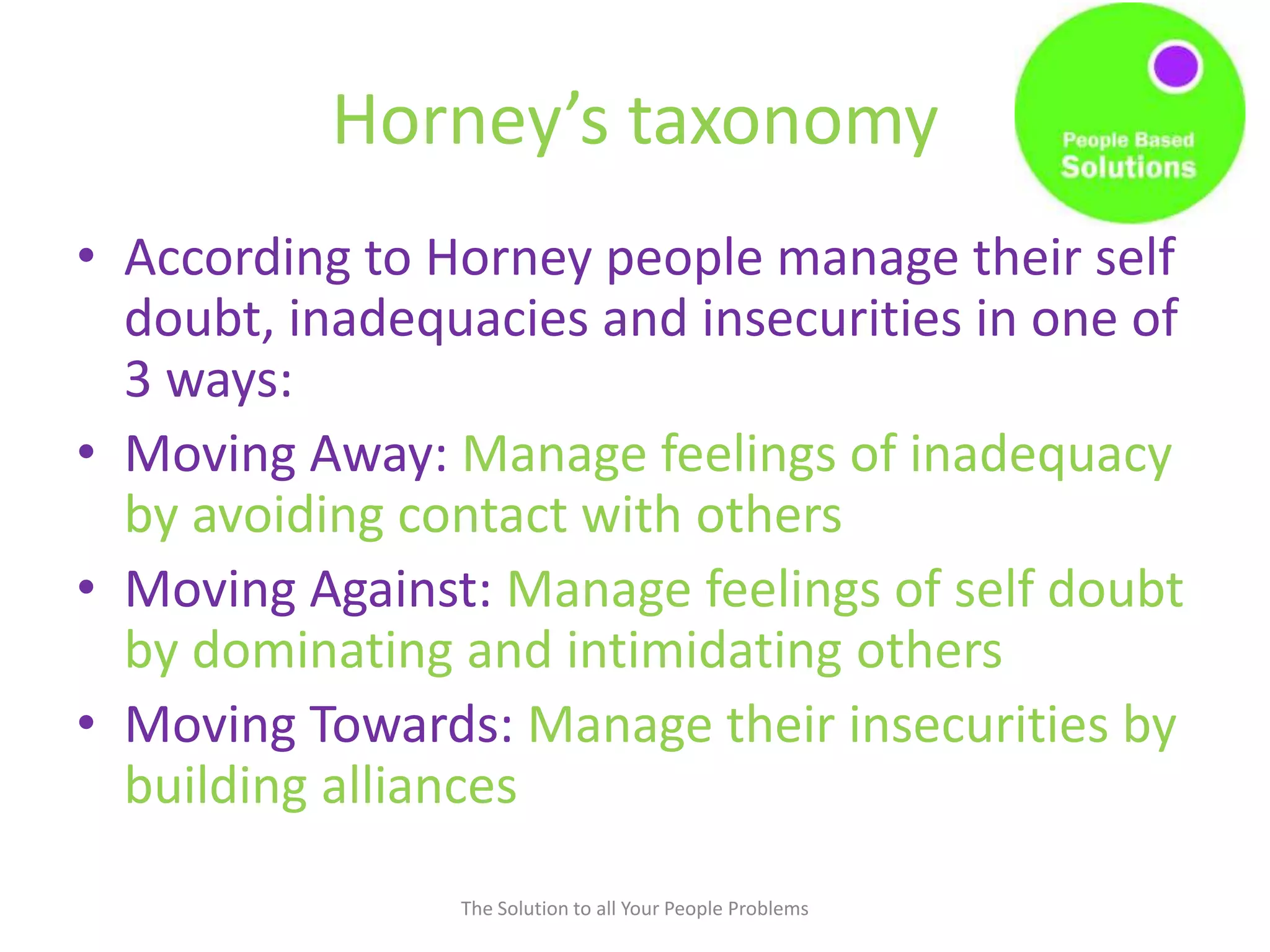 Horney’s taxonomy
• According to Horney people manage their self
doubt, inadequacies and insecurities in one of
3 ways:
• Moving Away: Manage feelings of inadequacy
by avoiding contact with others
• Moving Against: Manage feelings of self doubt
by dominating and intimidating others
• Moving Towards: Manage their insecurities by
building alliances
The Solution to all Your People Problems
 
