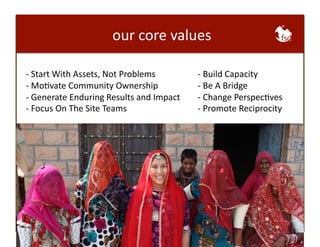 our 
core 
values 
-­‐ 
Start 
With 
Assets, 
Not 
Problems 
-­‐ 
MoBvate 
Community 
Ownership 
-­‐ 
Generate 
Enduring 
Results 
and 
Impact 
-­‐ 
Focus 
On 
The 
Site 
Teams 
-­‐ 
Build 
Capacity 
-­‐ 
Be 
A 
Bridge 
-­‐ 
Change 
PerspecBves 
-­‐ 
Promote 
Reciprocity 
 