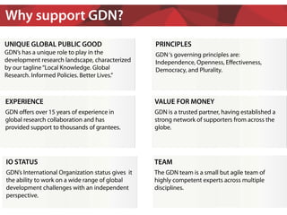 PRINCIPLES
GDN‘s governing principles are:
Independence, Openness, Effectiveness,
Democracy, and Plurality.
EXPERIENCE
GDN...