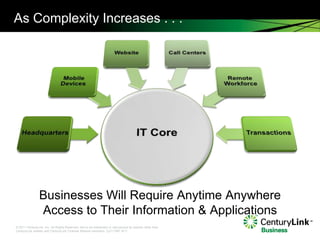 As Complexity Increases . . .




                Businesses Will Require Anytime Anywhere
                Access to Their Information & Applications
© 2011 CenturyLink, Inc. All Rights Reserved. Not to be distributed or reproduced by anyone other than
CenturyLink entities and CenturyLink Channel Alliance members. Cp111567 9/11
 