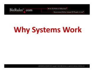 Why Systems Work



     CONFIDENTIAL & PROPRIETARY Copyright © 2002‐2008  BizRules is a registered trademark of BizRules.com   1
 