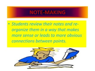 NOTE-MAKING
• Students review their notes and re-
organize them in a way that makes
more sense or leads to more obvious
connections between points.
 