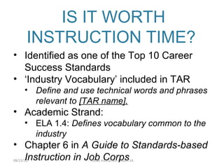 IS IT WORTH
       INSTRUCTION TIME?
• Identified as one of the Top 10 Career
  Success Standards
• ‘Industry Vocabulary’ ...