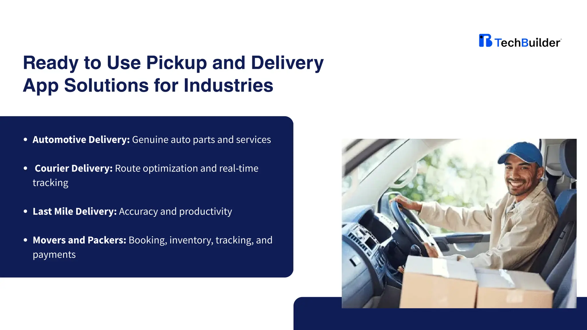Ready to Use Pickup and Delivery
App Solutions for Industries
Automotive Delivery: Genuine auto parts and services
Courier Delivery: Route optimization and real-time
tracking
Last Mile Delivery: Accuracy and productivity
Movers and Packers: Booking, inventory, tracking, and
payments