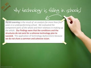 20/20 Learning is the result of an analysis for more than five
years in a underperforming school. We evaluated the
component parts of the whole and their relations in making up
the whole. Our findings were that the conditions and the
structures do not exist for a cohesive technology plan to
succeed. The application of technology dysfunctions because
we do not share a common and cohesive vision.
www.edutechnia.org
 