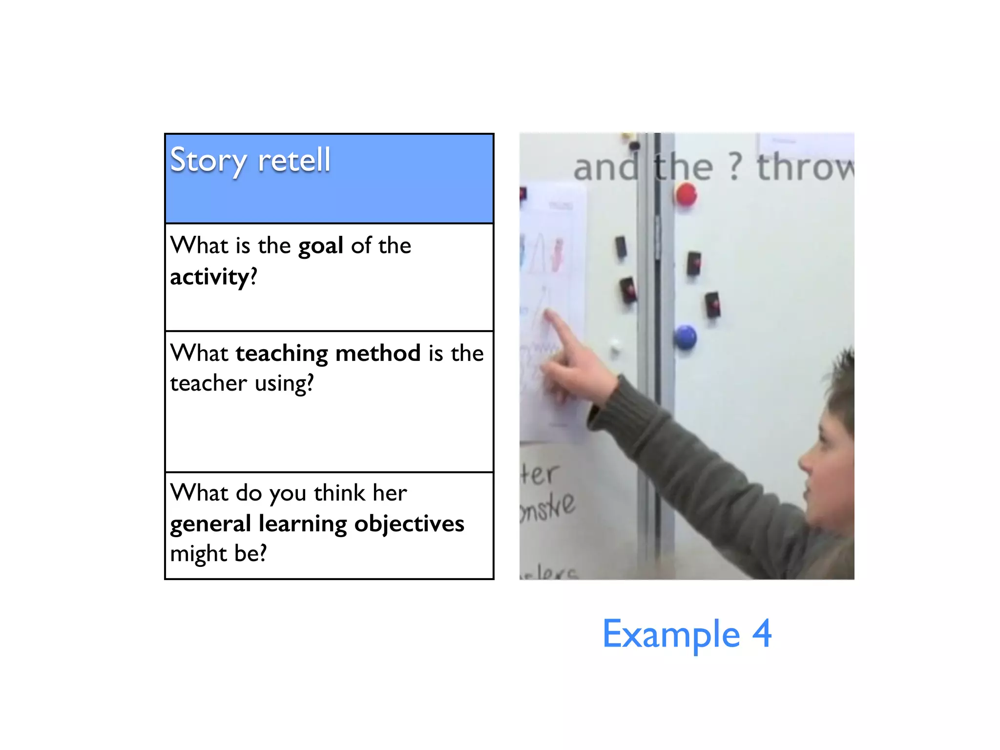 Story retell 
What is the goal of the 
activity? 
What teaching method is the 
teacher using? 
What do you think her 
general learning objectives 
might be? 
Example 4 
 
