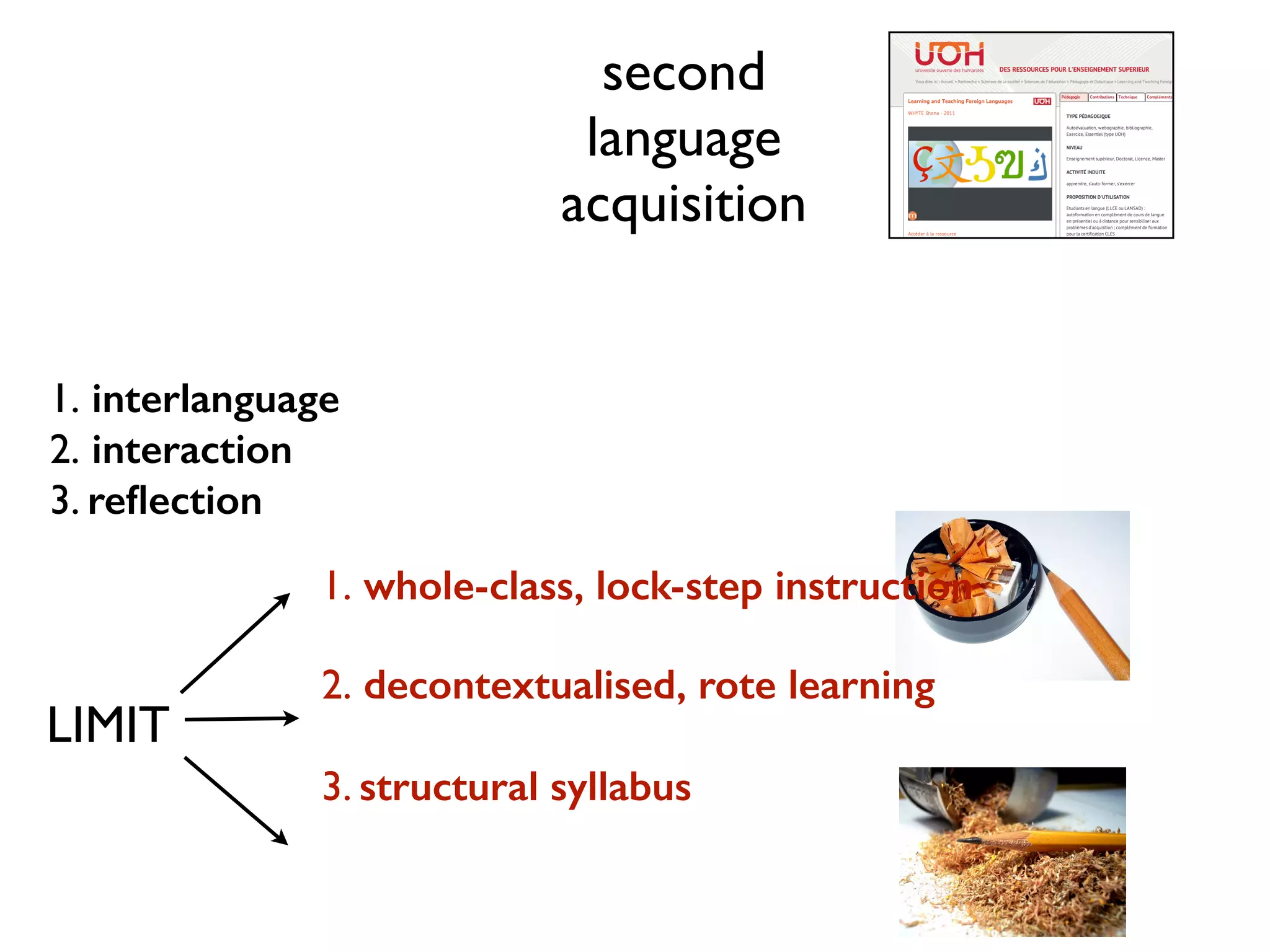 second 
language 
acquisition 
1. interlanguage 
2. interaction 
3. reflection 
1. whole-class, lock-step instruction 
2. decontextualised, rote learning 
3. structural syllabus 
LIMIT 
 
