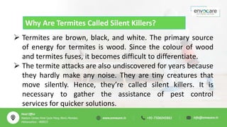 Why Are Termites Called Silent Killers?
 Termites are brown, black, and white. The primary source
of energy for termites is wood. Since the colour of wood
and termites fuses, it becomes difficult to differentiate.
 The termite attacks are also undiscovered for years because
they hardly make any noise. They are tiny creatures that
move silently. Hence, they’re called silent killers. It is
necessary to gather the assistance of pest control
services for quicker solutions.
 