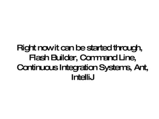 Right now it can be started through, Flash Builder, Command Line, Continuous Integration Systems, Ant, IntelliJ 