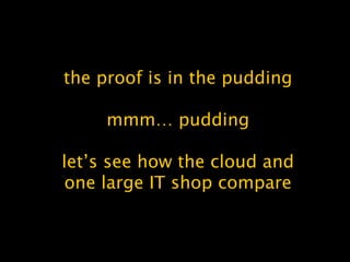 the proof is in the pudding
mmm… pudding
let’s see how the cloud and
one large IT shop compare
 