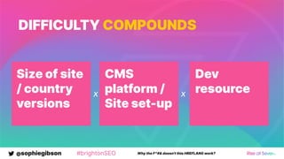 @sophiegibson #brightonSEO Why the F*#& doesn't this HREFLANG work?
Dev
resource
Size of site
/ country
versions
CMS
platform /
Site set-up
x x
DIFFICULTY COMPOUNDS
 