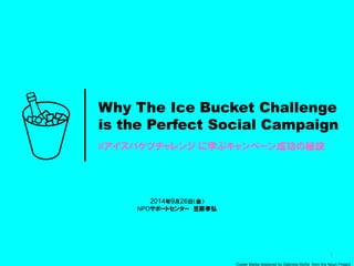1 
#アイスバケツチャレンジ に学ぶキャンペーン成功の秘訣 
Why The Ice Bucket Challenge 
is the Perfect Social Campaign 
2014年9月26日（金） 
NPOサポートセンター 笠原孝弘 
Cooler Media designed by Gabriela Muñiz from the Noun Project  
