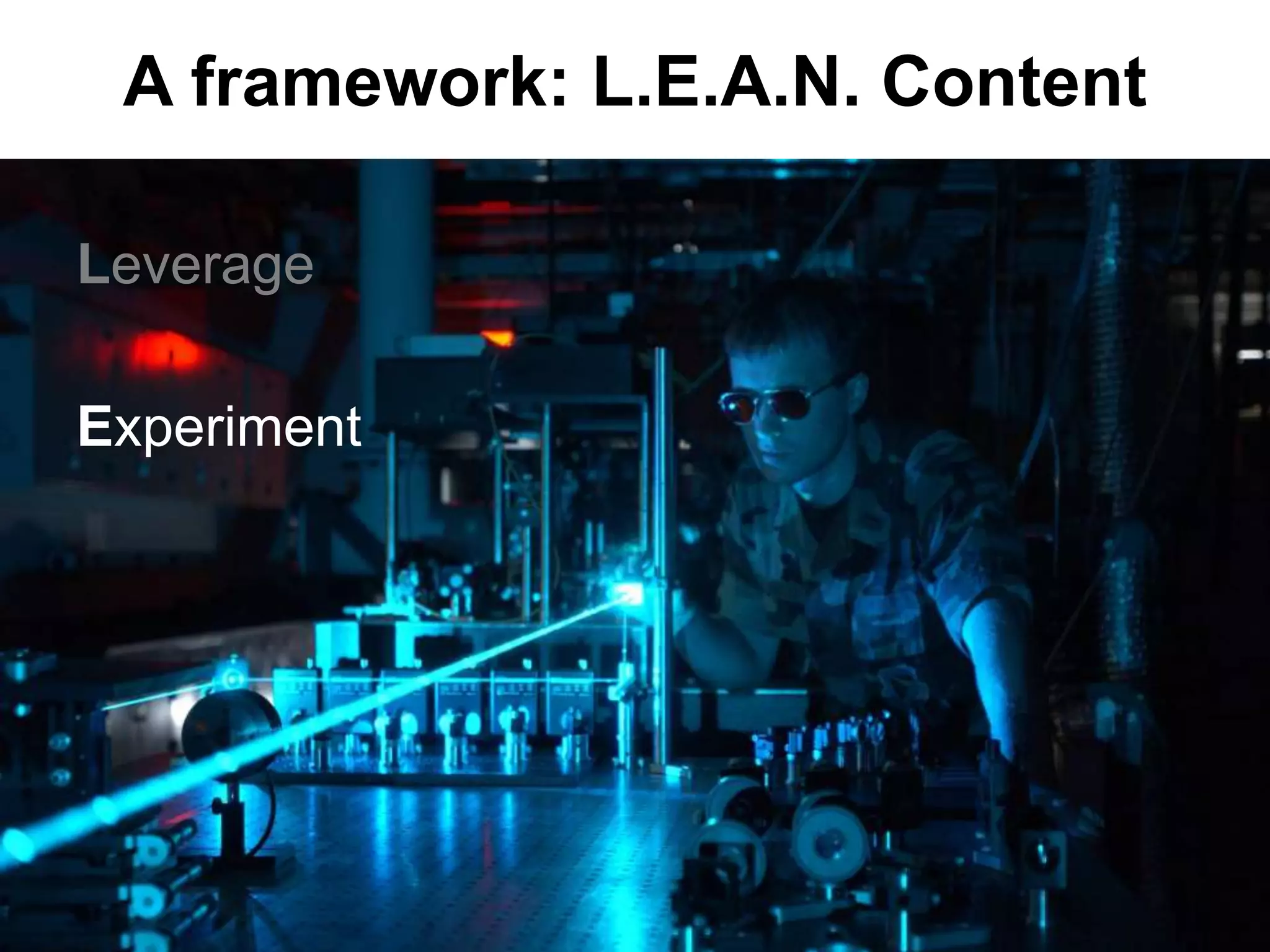 @gdecugis
A framework: L.E.A.N. Content
Leverage
Experiment
Automate
 