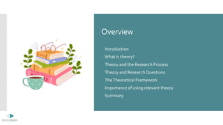 Overview
Introduction
 What is theory?
 Theory and the Research Process
 Theory and Research Questions
 TheTheoretical Framework
 Importance of using relevant theory
 Summary
 