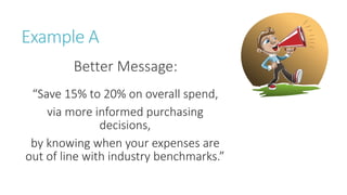 Example A
Better Message:
“Save 15% to 20% on overall spend,
via more informed purchasing
decisions,
by knowing when your ...
