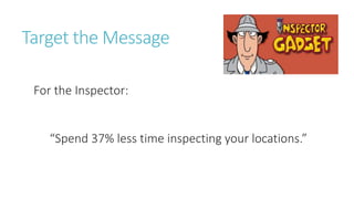 “Spend 37% less time inspecting your locations.”
Target the Message
For the Inspector:
 