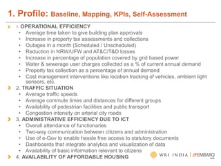 1. OPERATIONAL EFFICIENCY
• Average time taken to give building plan approvals
• Increase in property tax assessments and collections
• Outages in a month (Scheduled / Unscheduled)
• Reduction in NRW/UFW and AT&C/T&D losses
• Increase in percentage of population covered by grid based power
• Water & sewerage user charges collected as a % of current annual demand
• Property tax collection as a percentage of annual demand
• Cost management interventions like location tracking of vehicles, ambient light
sensors, etc.
2. TRAFFIC SITUATION
• Average traffic speeds
• Average commute times and distances for different groups
• Availability of pedestrian facilities and public transport
• Congestion intensity on arterial city roads
3. ADMINISTRATIVE EFFICIENCY DUE TO ICT
• Overall attendance of functionaries
• Two-way communication between citizens and administration
• Use of e-Gov to enable hassle free access to statutory documents
• Dashboards that integrate analytics and visualization of data
• Availability of basic information relevant to citizens
4. AVAILABILITY OF AFFORDABLE HOUSING
1. Profile: Baseline, Mapping, KPIs, Self-Assessment
 